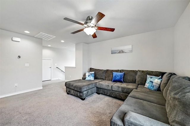 1304 Eagle Ridge Trl, Leander, TX 78641 - carpeted living room with a ceiling fan and recessed lighting