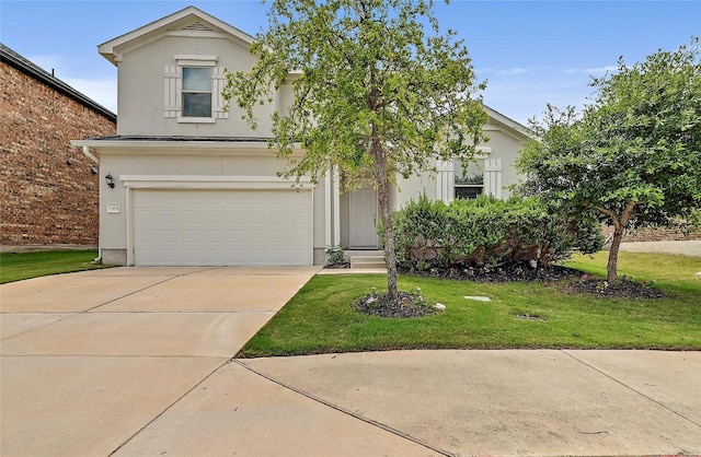 1304 Eagle Ridge Trl, Leander, TX 78641 - view of front of house with stucco siding, a garage, a front lawn, and concrete driveway
