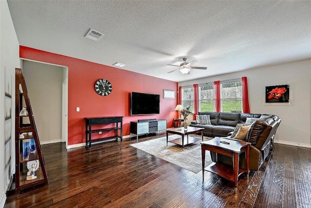 1304 Eagle Ridge Trl, Leander, TX 78641 - living room with ceiling fan, hardwood / wood-style floors, and a textured ceiling