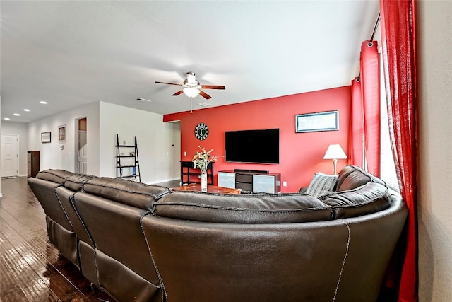1304 Eagle Ridge Trl, Leander, TX 78641 - living room with dark wood-type flooring, ceiling fan, and recessed lighting
