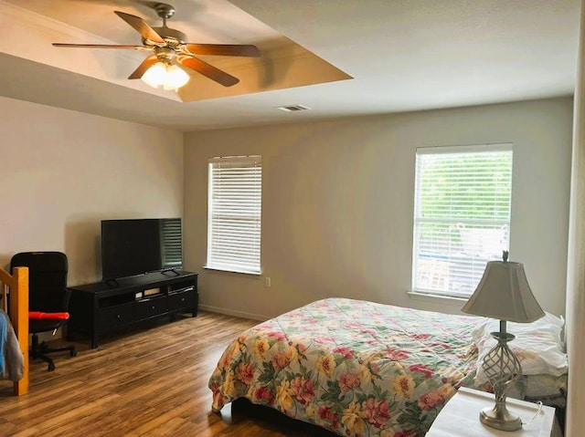 5105 Bantom Woods Bnd, Austin, TX 78724 - bedroom featuring wood finished floors, baseboards, a ceiling fan, and a tray ceiling