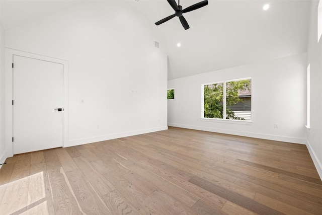 1305 Walnut Ave, Austin, TX 78702 - spare room with high vaulted ceiling, hardwood / wood-style flooring, ceiling fan, baseboards, and recessed lighting