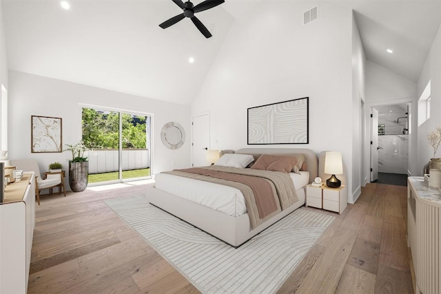 1305 Walnut Ave, Austin, TX 78702 - bedroom featuring high vaulted ceiling, access to outside, light wood-type flooring, recessed lighting, and ceiling fan
