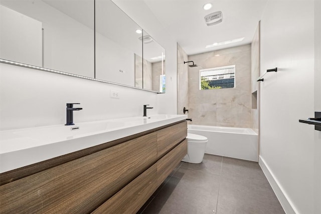 1305 Walnut Ave, Austin, TX 78702 - full bath with toilet, double vanity, shower / tub combination, baseboards, and tile patterned flooring