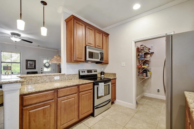 9912 Little Creek Cir, Dripping Springs, TX 78620 - kitchen with appliances with stainless steel finishes, ornamental molding, brown cabinetry, light tile patterned flooring, and light stone countertops