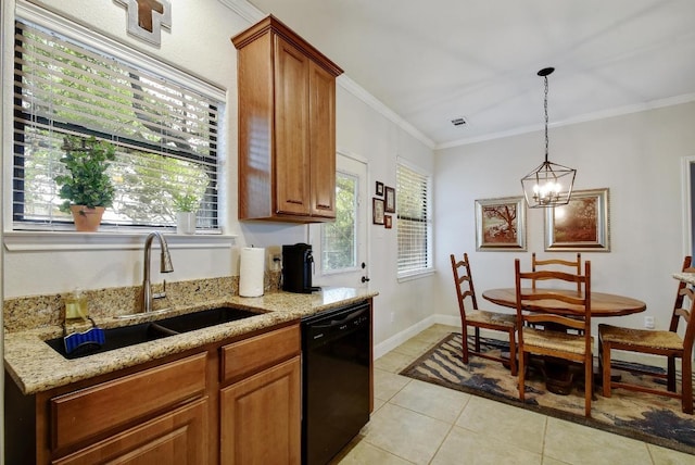 9912 Little Creek Cir, Dripping Springs, TX 78620 - kitchen featuring black dishwasher, a sink, light stone countertops, light tile patterned floors, and crown molding