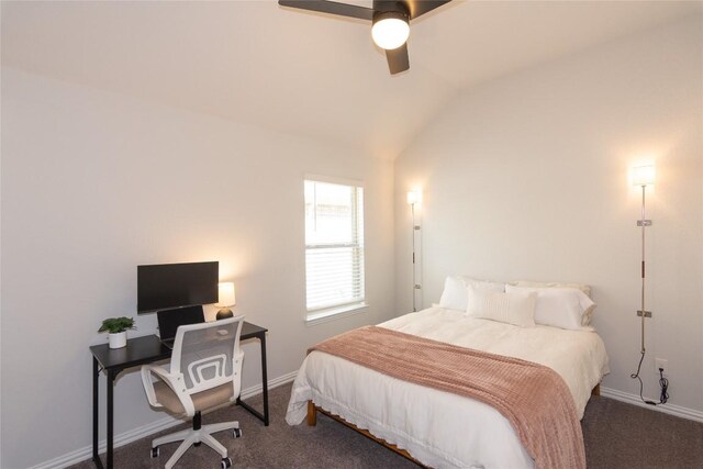 2208 Mcclendon Trl, Leander, TX 78641 - carpeted bedroom featuring lofted ceiling, baseboards, an office area, and ceiling fan