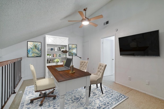 7400 Ophelia Dr, Austin, TX 78752 - office featuring ceiling fan, lofted ceiling, light colored carpet, and a textured ceiling