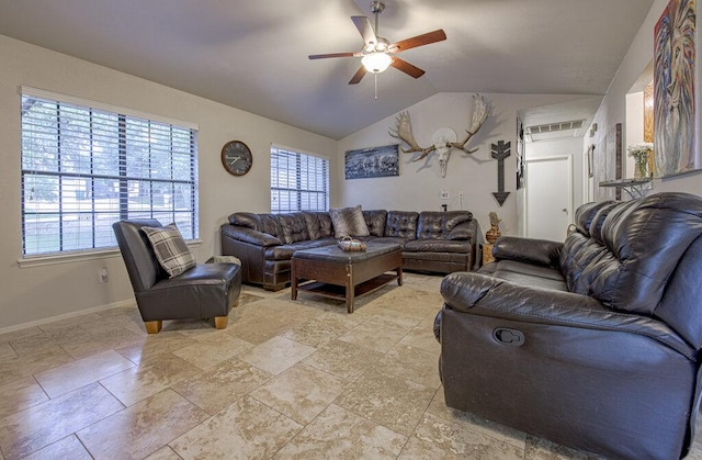 15100 N Flamingo Dr, Austin, TX 78734 - living area featuring vaulted ceiling, ceiling fan, and baseboards