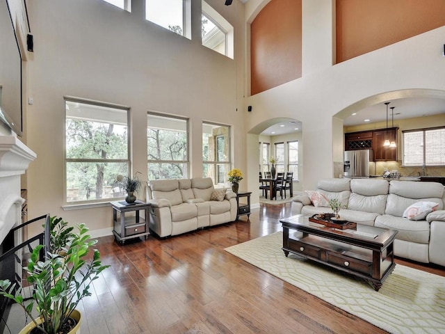 3904 Avery Woods Ln, Cedar Park, TX 78613 - living area with arched walkways, wood-type flooring, a towering ceiling, and baseboards