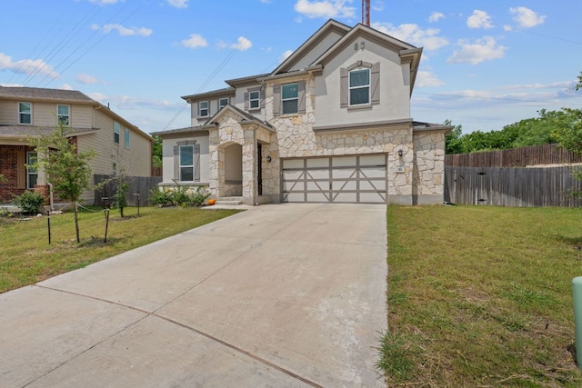 195 Azure Cv, Kyle, TX 78640 - view of front of house with stone siding, a garage, driveway, and stucco siding
