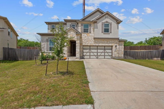 195 Azure Cv, Kyle, TX 78640 - view of front of home featuring stone siding, driveway, a garage, and stucco siding