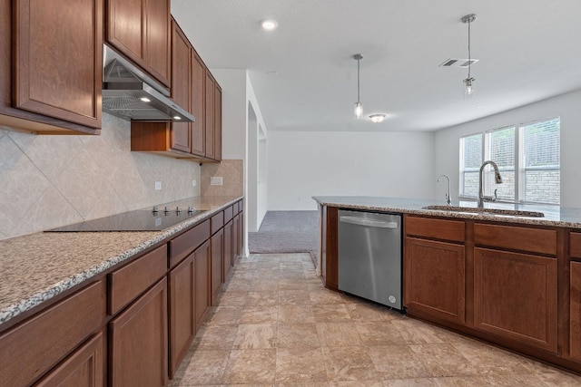 195 Azure Cv, Kyle, TX 78640 - kitchen featuring stainless steel dishwasher, a sink, range hood, black electric cooktop, and decorative backsplash