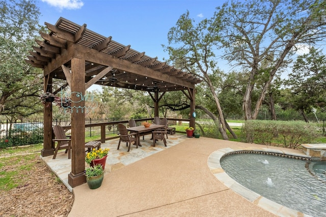 7617 Lazy River Cv, Austin, TX 78730 - view of patio with a pergola, outdoor dining space, and view of scattered trees