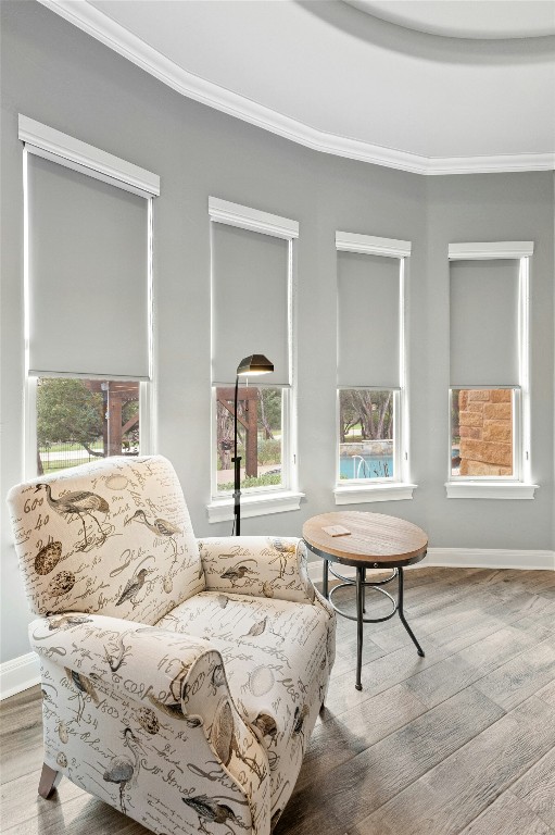 7617 Lazy River Cv, Austin, TX 78730 - sitting room with ornamental molding, baseboards, and wood finished floors