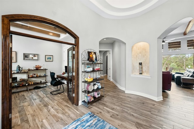 7617 Lazy River Cv, Austin, TX 78730 - entrance foyer with light wood-type flooring, baseboards, arched walkways, and a high ceiling