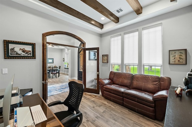 7617 Lazy River Cv, Austin, TX 78730 - office space with beamed ceiling, light wood-style flooring, arched walkways, and recessed lighting