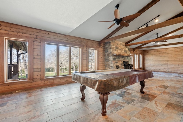 180 Bradley Ln, Rosanky, TX 78953 - game room with wood walls, ceiling fan, beam ceiling, billiards table, and high vaulted ceiling