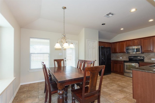 1811 Sand Creek Rd, Cedar Park, TX 78613 - dining area with vaulted ceiling, plenty of natural light, a chandelier, and recessed lighting