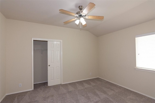 1811 Sand Creek Rd, Cedar Park, TX 78613 - unfurnished bedroom with carpet, a closet, baseboards, lofted ceiling, and a ceiling fan