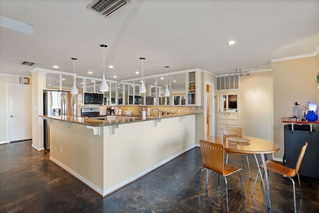 421 Yucca Dr, Kingsland, TX 78639 - kitchen with appliances with stainless steel finishes, ornamental molding, white cabinets, recessed lighting, and glass insert cabinets
