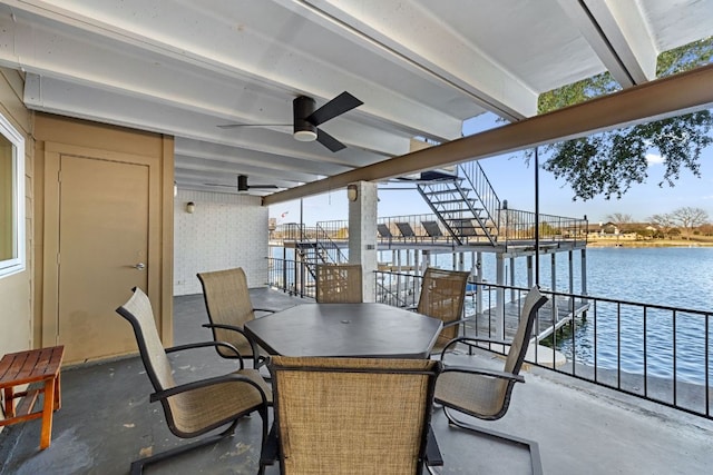421 Yucca Dr, Kingsland, TX 78639 - view of patio / terrace featuring a ceiling fan, a water view, and stairway