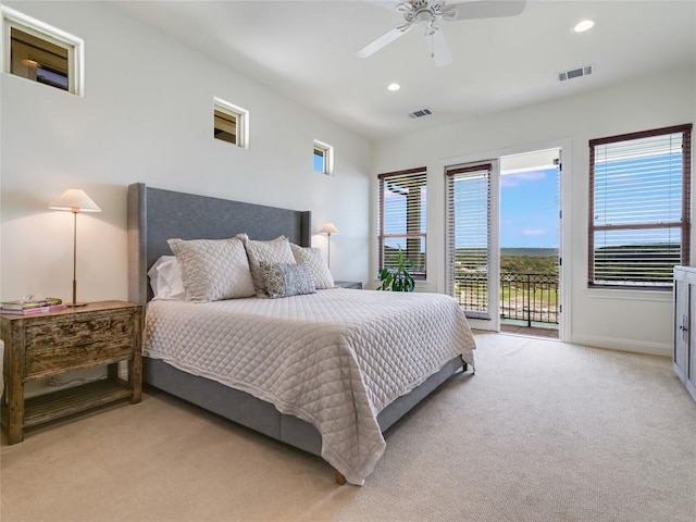 17545 E Reed Parks Rd Unit 5, Jonestown, TX 78645 - bedroom featuring access to exterior, light carpet, recessed lighting, a ceiling fan, and baseboards