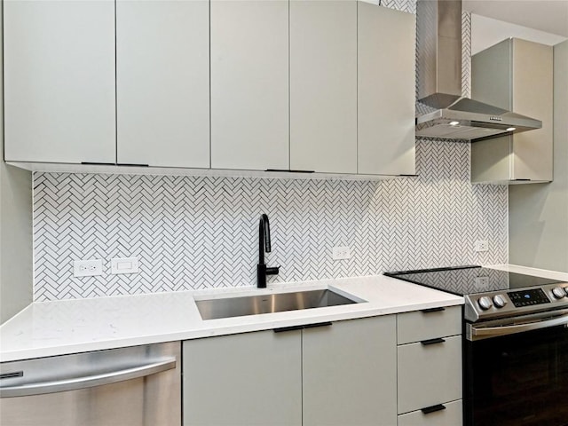 2500 Longview St Unit 518, Austin, TX 78705 - kitchen with wall chimney exhaust hood, stainless steel appliances, a sink, and modern cabinets