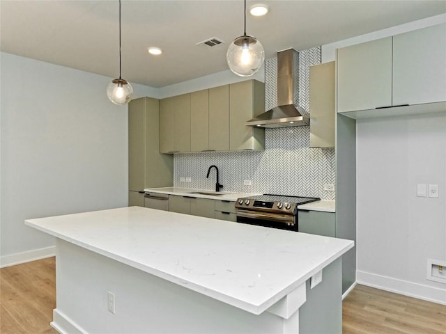 2500 Longview St Unit 518, Austin, TX 78705 - kitchen with stainless steel range with electric cooktop, wall chimney exhaust hood, a sink, gray cabinets, and light wood-type flooring
