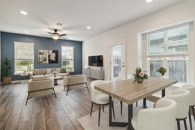 310 Spiny Lizard Ln, San Marcos, TX 78666 - dining area featuring a ceiling fan, recessed lighting, and wood finished floors