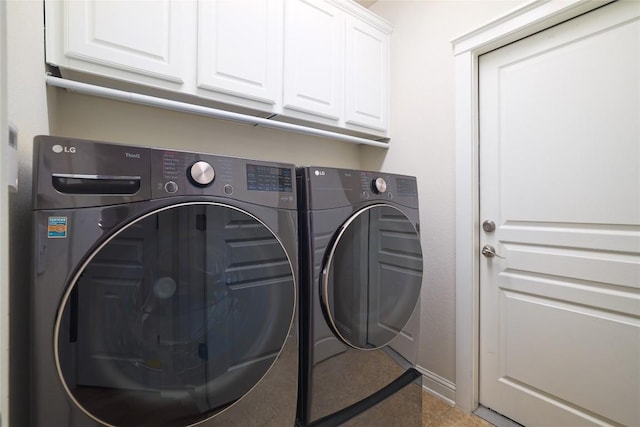 6305 Carrington Dr, Austin, TX 78749 - laundry room with washer and dryer, cabinet space, baseboards, and tile patterned flooring