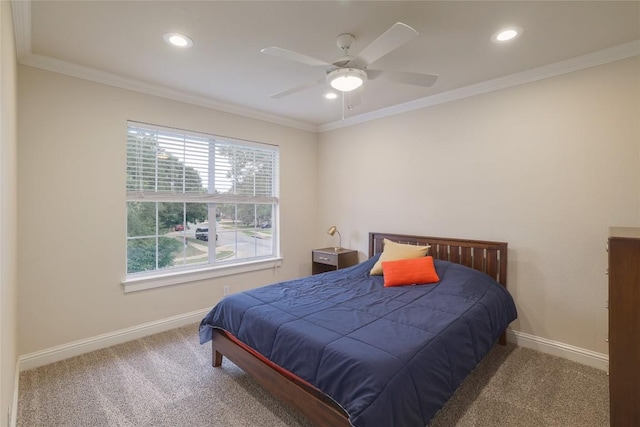 6305 Carrington Dr, Austin, TX 78749 - bedroom featuring carpet flooring, baseboards, recessed lighting, ornamental molding, and ceiling fan