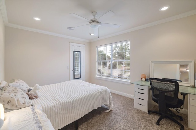 6305 Carrington Dr, Austin, TX 78749 - bedroom featuring light colored carpet, recessed lighting, ornamental molding, baseboards, and a ceiling fan