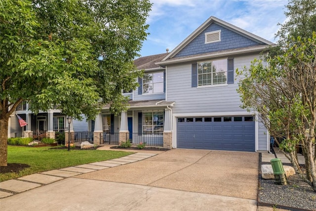 6305 Carrington Dr, Austin, TX 78749 - view of front facade featuring driveway, a garage, a porch, a front yard, and a shingled roof