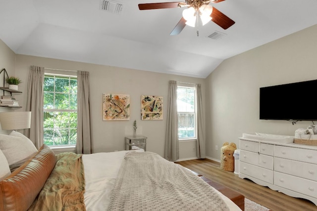 606 Indian Run Dr, Pflugerville, TX 78660 - bedroom with vaulted ceiling, multiple windows, light wood-type flooring, and ceiling fan