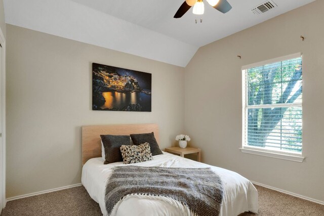 606 Indian Run Dr, Pflugerville, TX 78660 - bedroom with carpet, vaulted ceiling, and ceiling fan