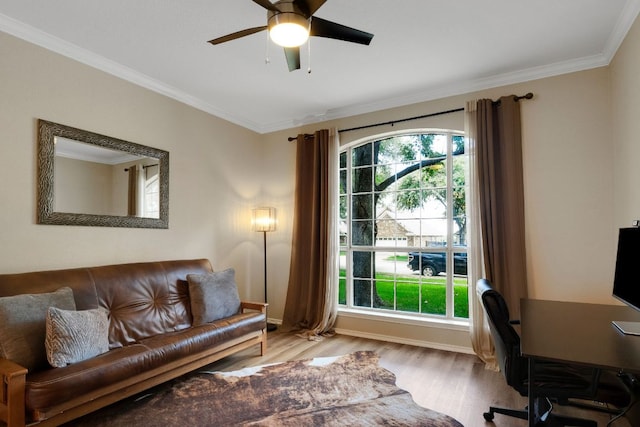 606 Indian Run Dr, Pflugerville, TX 78660 - office space featuring wood finished floors, crown molding, and a ceiling fan