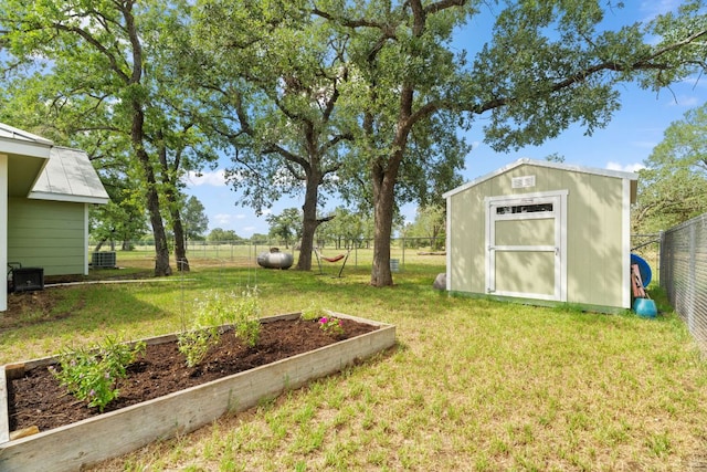 3434 Prairie Lea Rd, Kingsbury, TX 78638 - fenced backyard with a storage unit and a garden