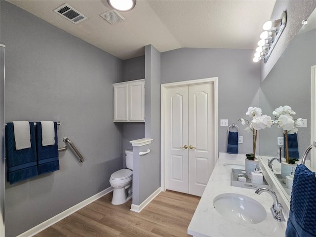 9403 Tea Rose Trl, Austin, TX 78748 - full bath featuring double vanity, lofted ceiling, wood finished floors, toilet, and baseboards