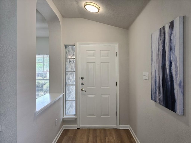 9403 Tea Rose Trl, Austin, TX 78748 - entryway with dark wood-style floors, arched walkways, lofted ceiling, and baseboards