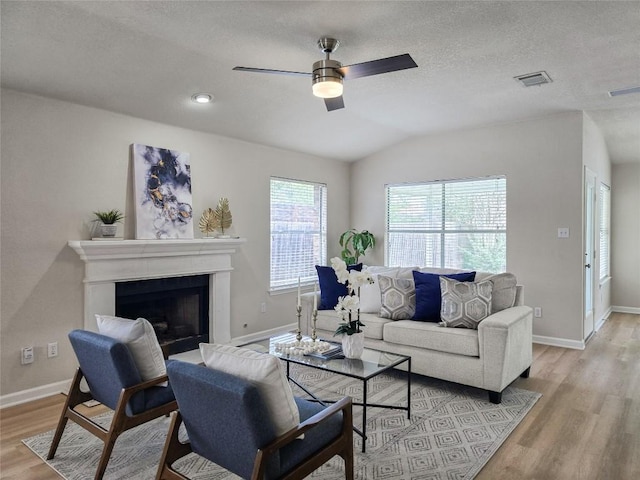 9403 Tea Rose Trl, Austin, TX 78748 - living room with light wood finished floors, a ceiling fan, baseboards, a fireplace, and lofted ceiling