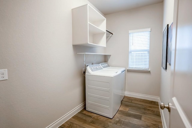 108 Berkeley Pl, Georgetown, TX 78628 - laundry room with separate washer and dryer, wood finished floors, and baseboards