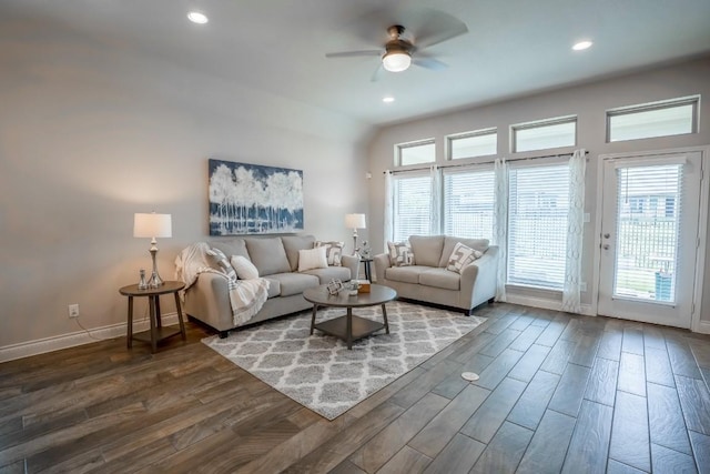108 Berkeley Pl, Georgetown, TX 78628 - living room featuring ceiling fan, dark wood finished floors, baseboards, and recessed lighting