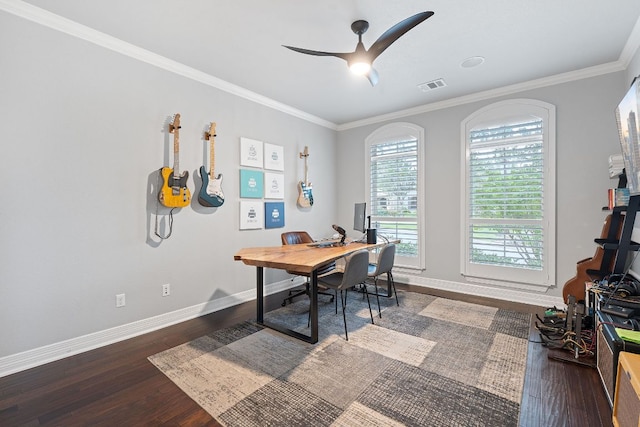 7609 Lazy River Cv, Austin, TX 78730 - office space featuring wood finished floors, baseboards, ceiling fan, and ornamental molding