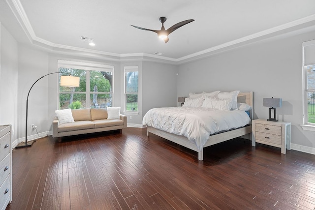 7609 Lazy River Cv, Austin, TX 78730 - bedroom with baseboards, hardwood / wood-style flooring, a raised ceiling, ceiling fan, and ornamental molding