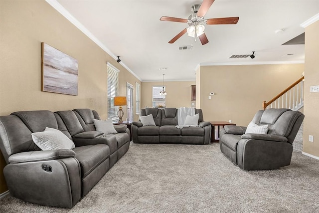 1103 Sugar Brook Dr, Temple, TX 76502 - living area with a ceiling fan, carpet flooring, ornamental molding, stairs, and baseboards