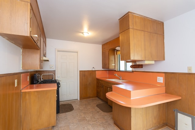 6903 N La Salle Dr, Austin, TX 78723 - kitchen with stainless steel gas stove, a sink, wainscoting, a peninsula, and wood walls