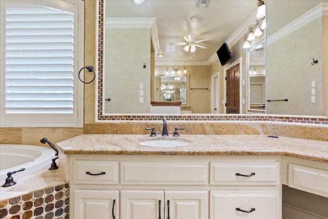1111 Mill Creek Dr, Salado, TX 76571 - bathroom with crown molding, vanity, a bath, and ceiling fan