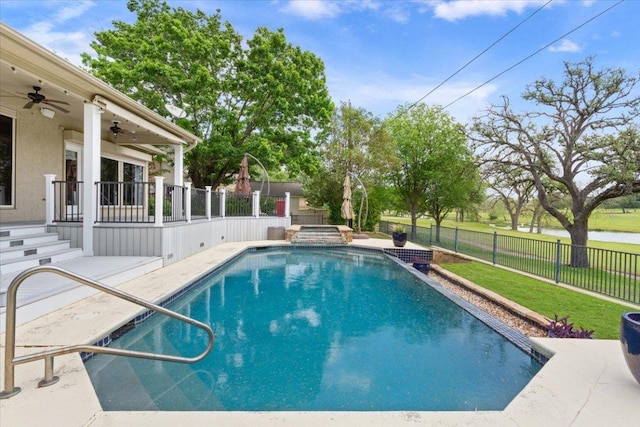 1111 Mill Creek Dr, Salado, TX 76571 - view of pool featuring a ceiling fan, a patio area, a fenced backyard, a water view, and a pool with connected hot tub