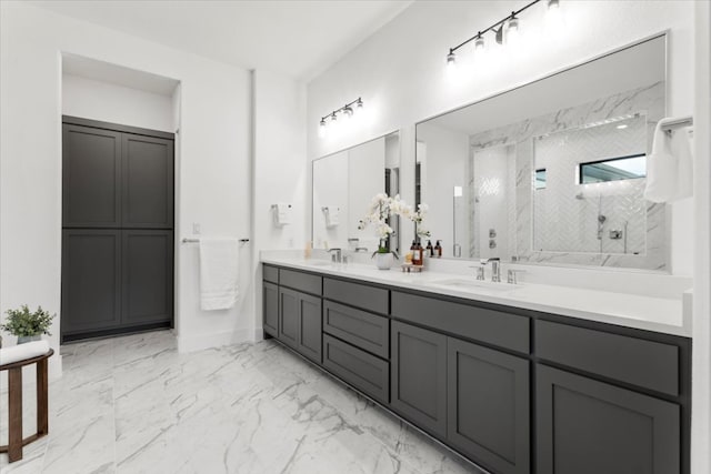 3008 Soldato Way, Leander, TX 78641 - full bath with double vanity, a marble finish shower, and marble finish floors